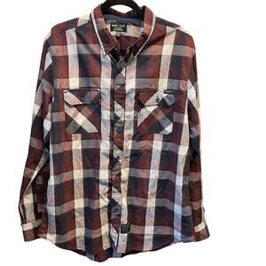 Marc Ecko Cut & Sew Long Sleeve Plaid Rust White Navy Button Down, Men Sz XL